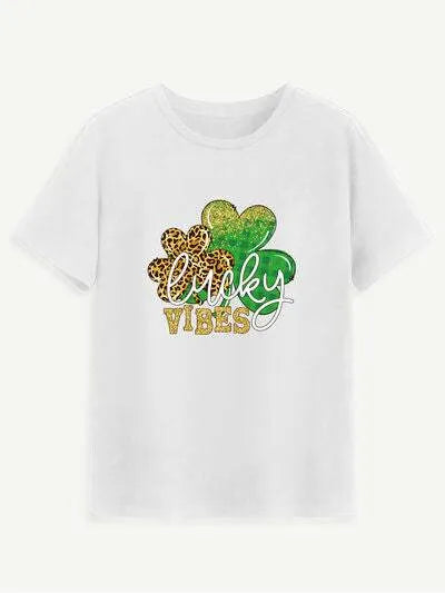 LUCKY VIBES Round Neck Short Sleeve T-Shirt White Women's T-Shirts - Tophatter Daily Deals